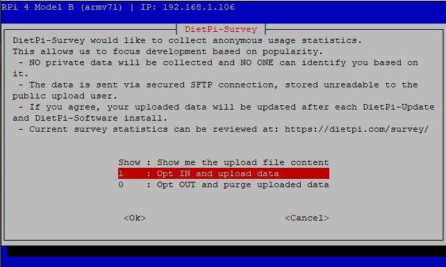 DietPi tela de aceite de privacidade